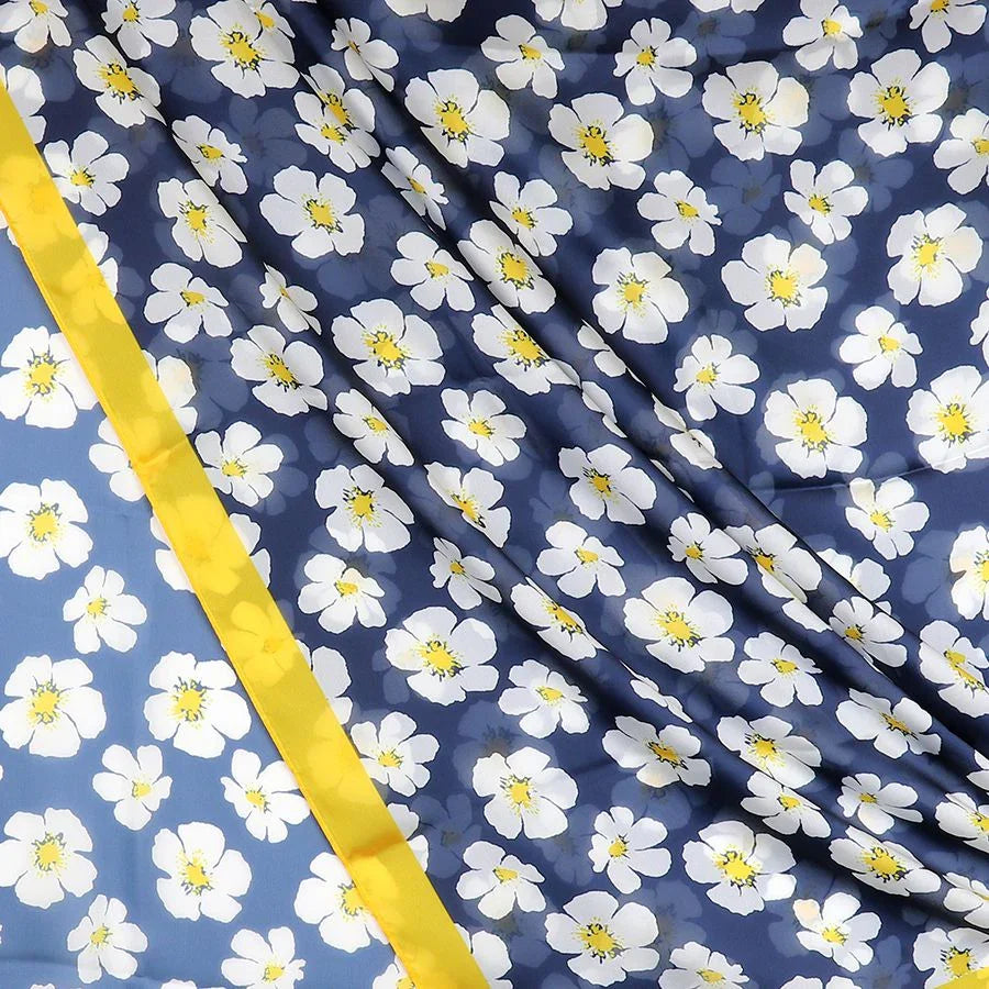 POM - Silky Navy Pansy Print Scarf with Yellow Border