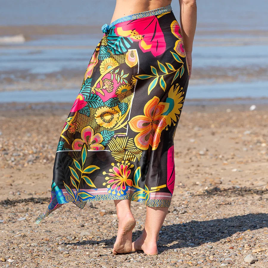 Silky Black & Vibrant Flower Print Scarf