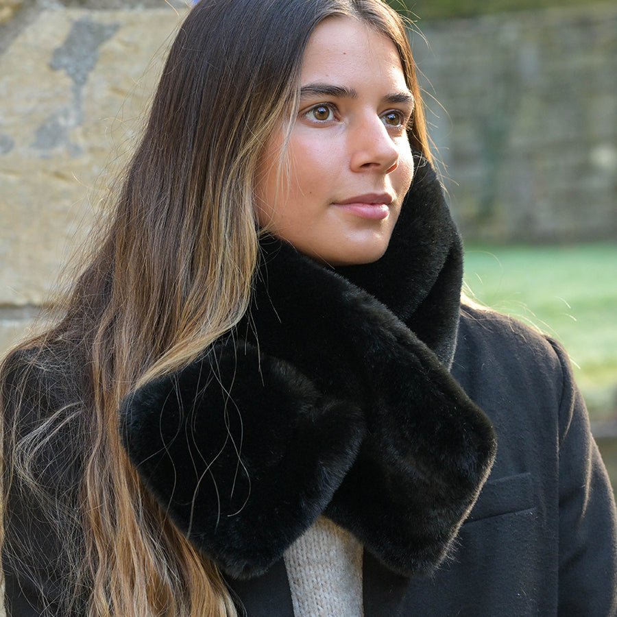 Black Supersoft  Faux Fur Pull Through Scarf