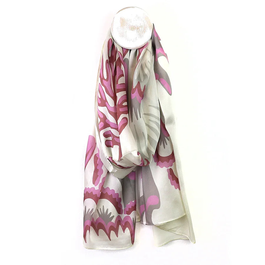 POM - Silky Ecru, Mauve and Pink Coral Print Recycled Yarn Scarf