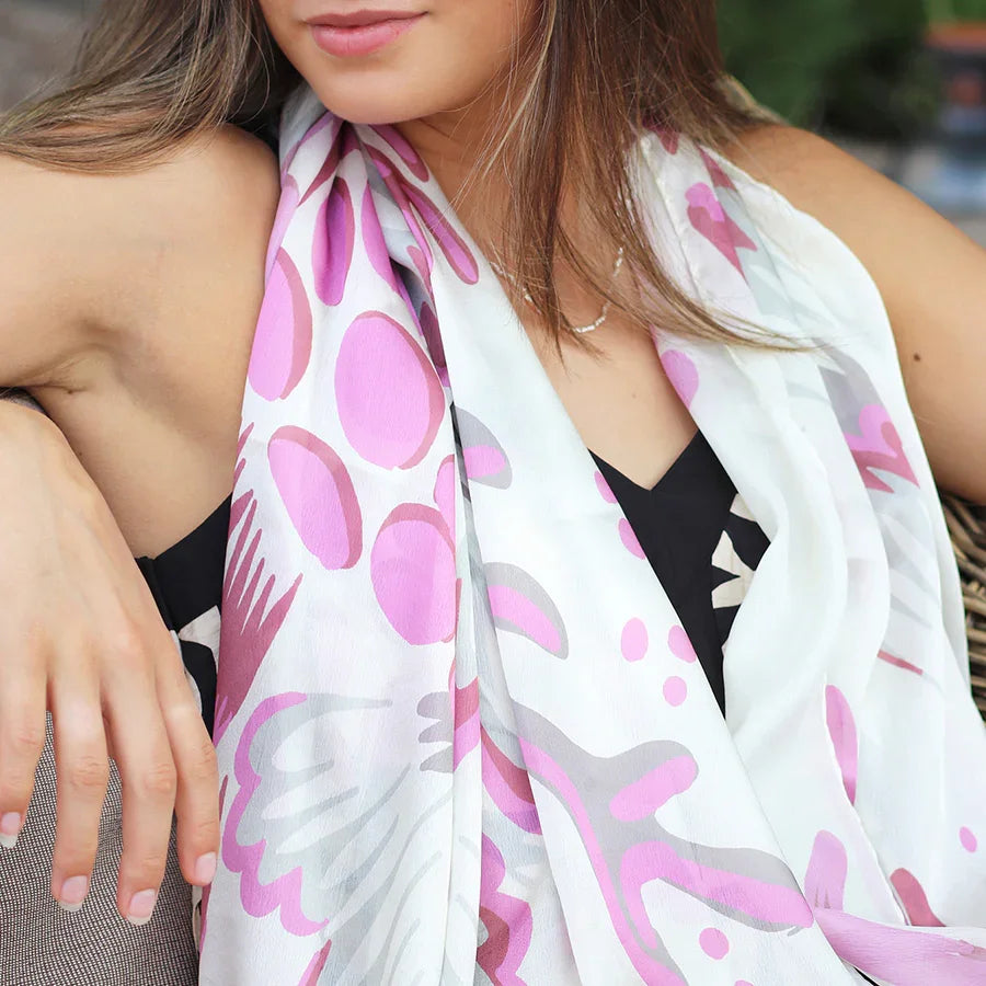 POM - Silky Ecru, Mauve and Pink Coral Print Recycled Yarn Scarf