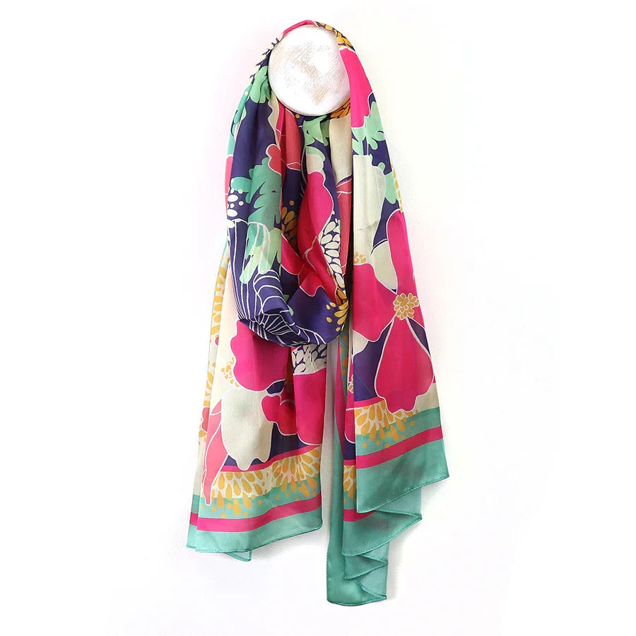 Pink/Turquoise Mix Bold Floral Border Print Silk Feel Scarf