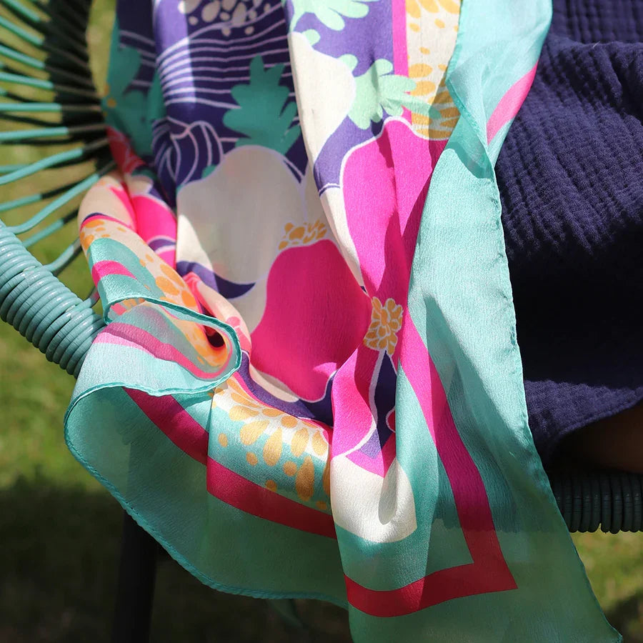 Pink/Turquoise Mix Bold Floral Border Print Silk Feel Scarf