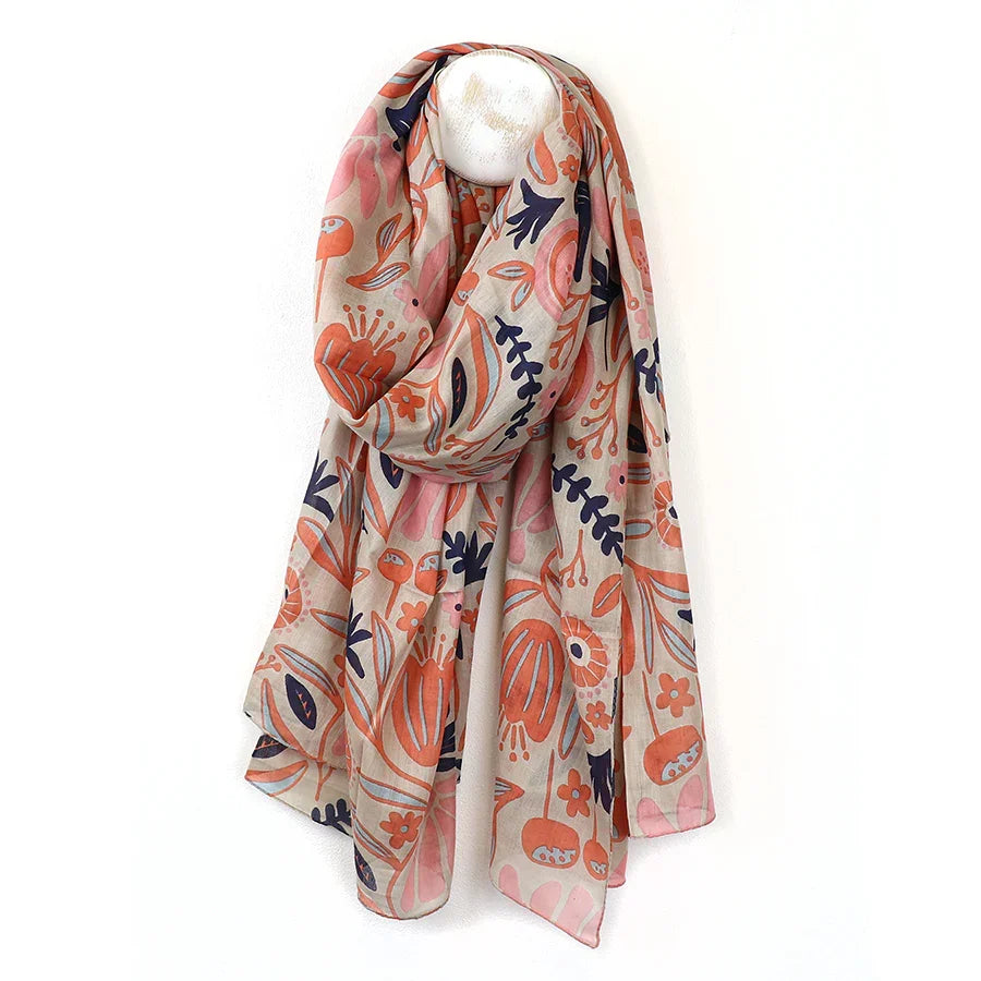 POM - Organic Cotton Coral Mix Botanical Print Scarf
