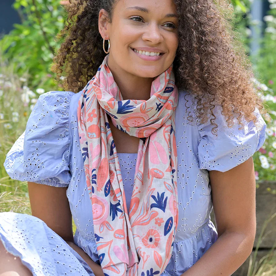 POM - Organic Cotton Coral Mix Botanical Print Scarf