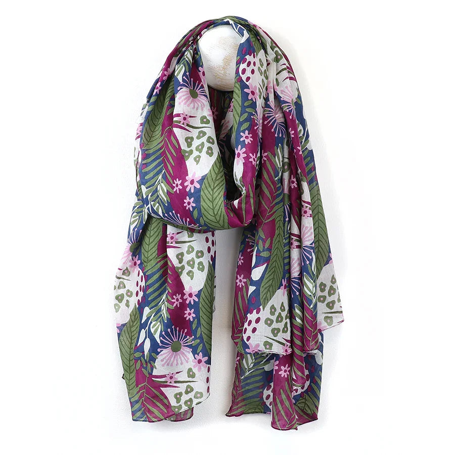 Organic Cotton Blue, Green and Purple Mix Botanical Print Scarf