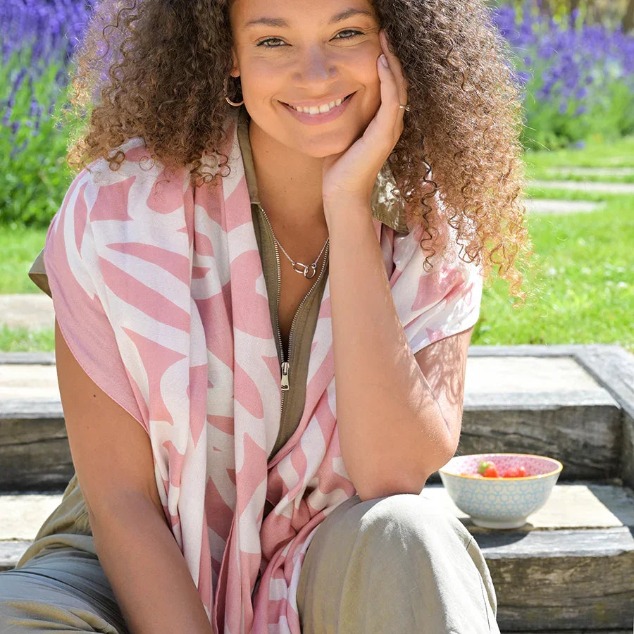 POM - Bamboo Pink and White Leaf Silhouette Print Scarf