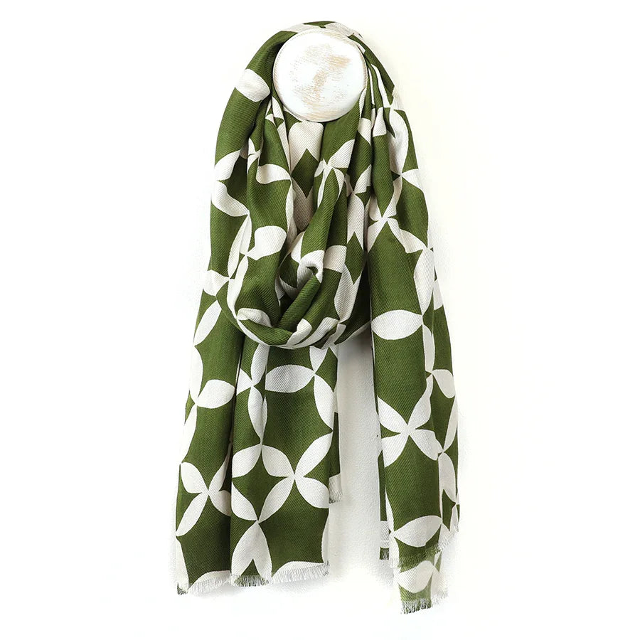 Pom - Bamboo Green and White Geo Print Scarf
