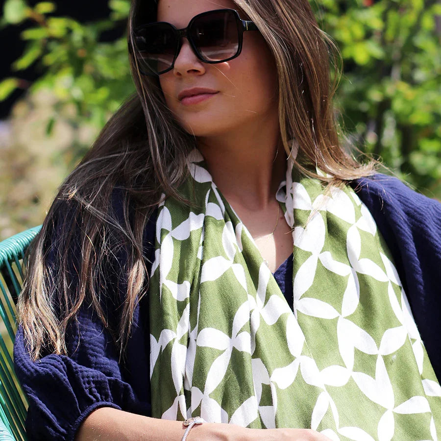 Pom - Bamboo Green and White Geo Print Scarf
