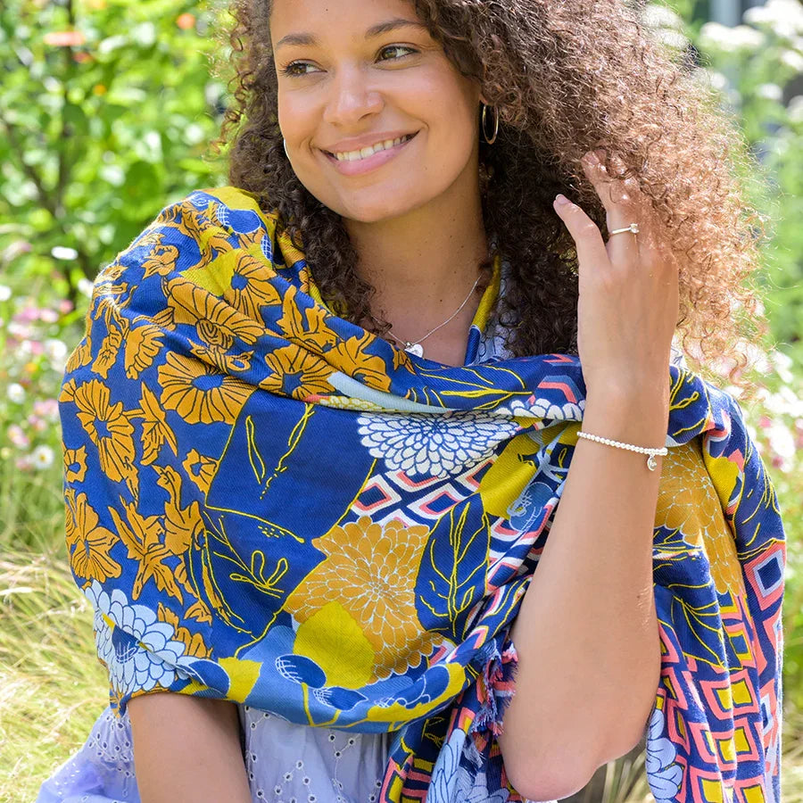 POM - Bamboo Blue Mix Dahlia Multi Print Scarf