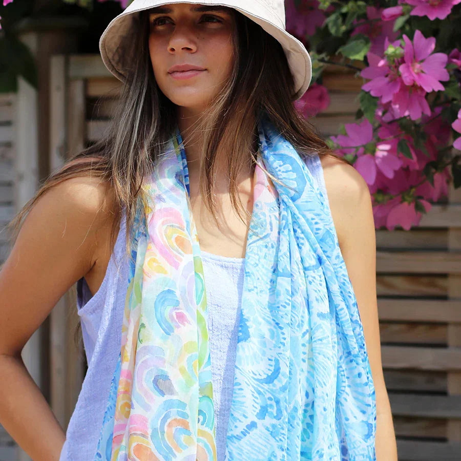 POM Blue Mix Watercolour Rainbow Print Scarf