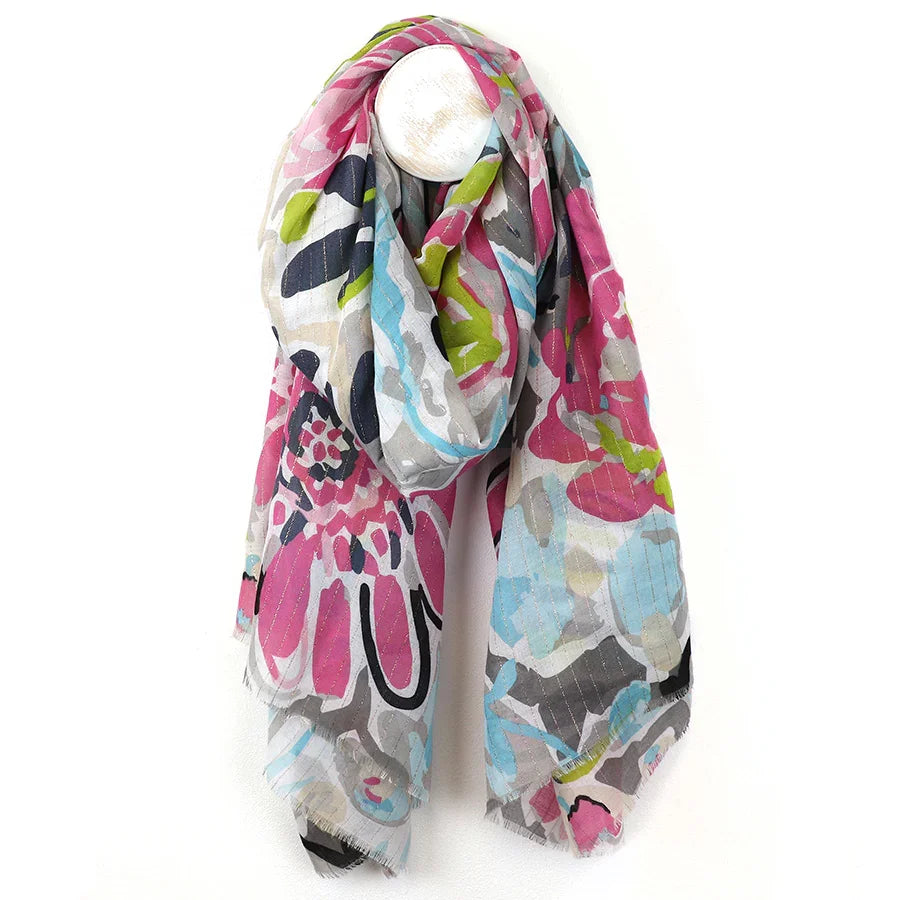 Pom - Pink Mix Painted Floral Scarf With Lurex