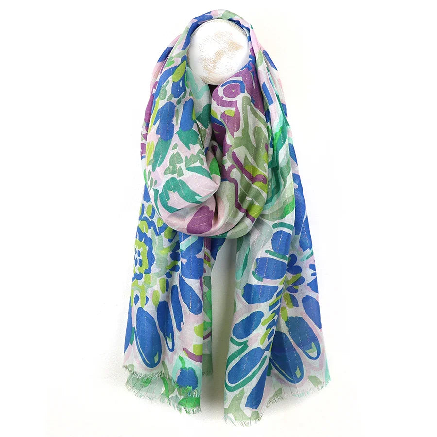 Pom - Blue Mix Painted Floral Scarf With Lurex