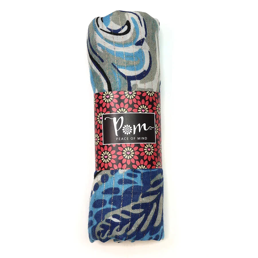 Pom - Blue Mix Paisley Leaf Print Scarf with Lurex