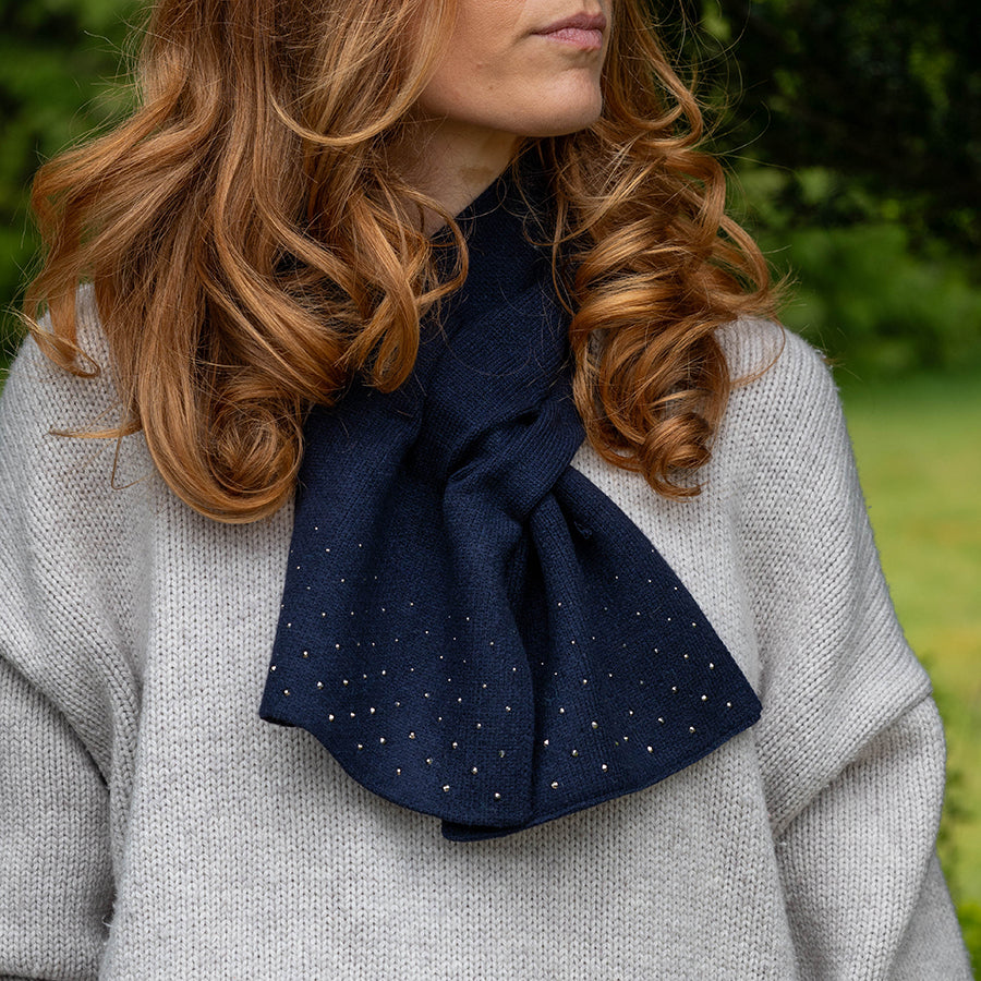 Pom - Navy Fine Knit Pull Through Sparkle Edge Scarf