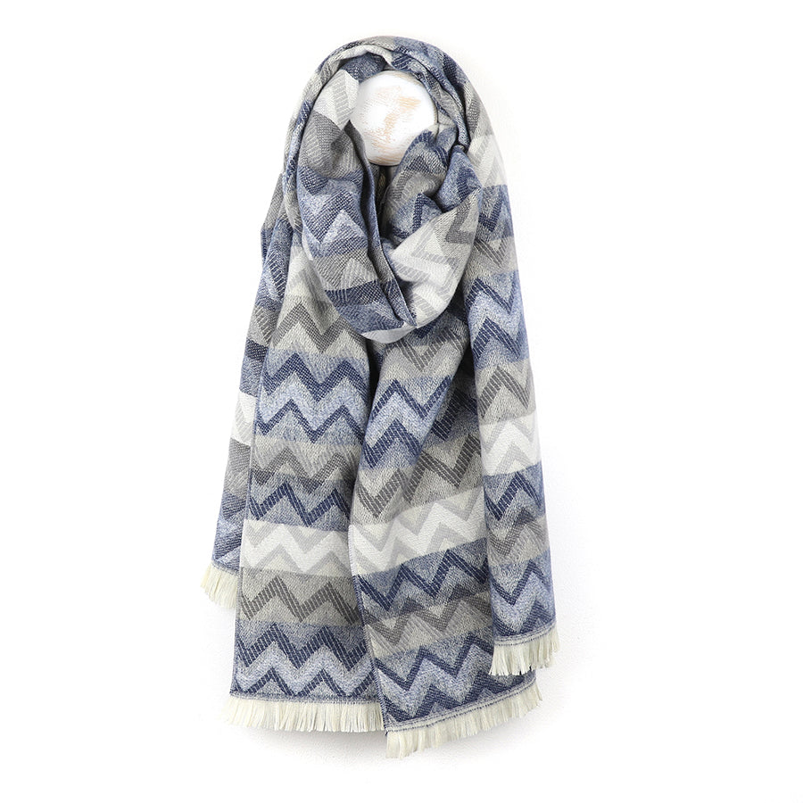 Pom - Grey/Denim Blue Chevron Scarf With Eyelash Fringe