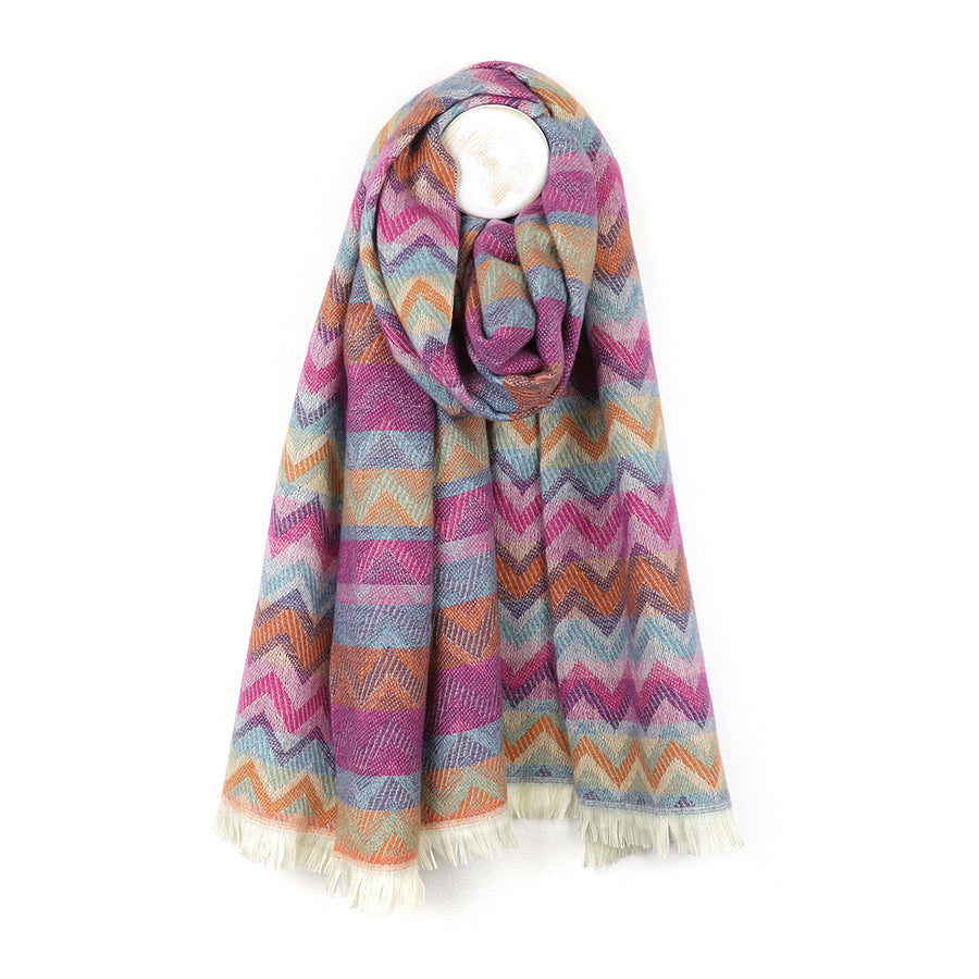 Pom -  Deep Pink /Ochre Chevron Scarf with Eyelash Fringe