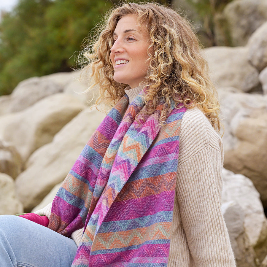 Pom -  Deep Pink /Ochre Chevron Scarf with Eyelash Fringe