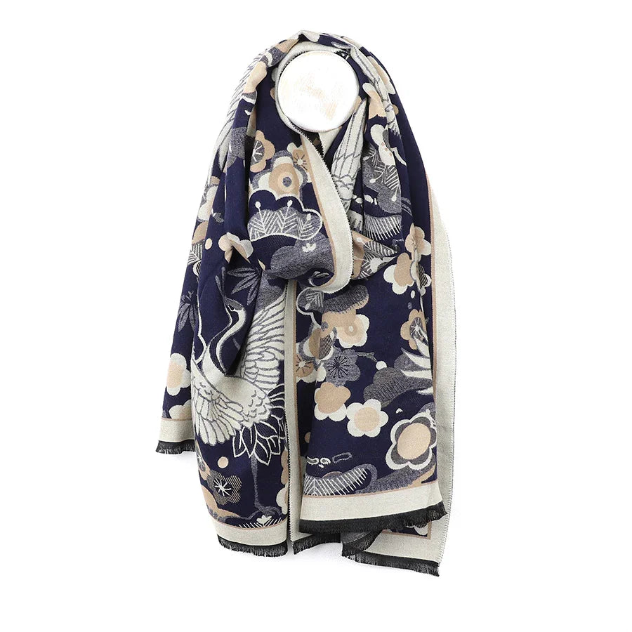Pom - Navy Blue Crane & Floral Jacquard Scarf