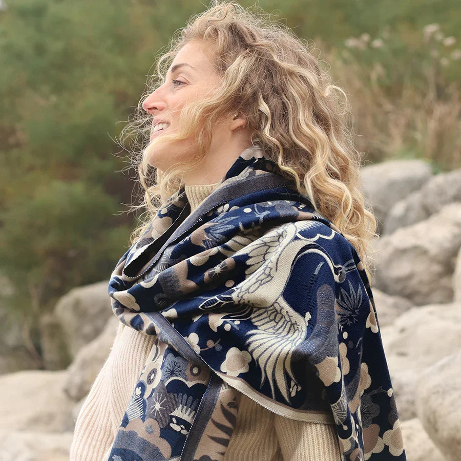 Pom - Navy Blue Crane & Floral Jacquard Scarf