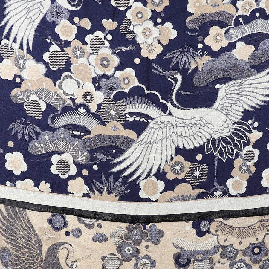Pom - Navy Blue Crane & Floral Jacquard Scarf