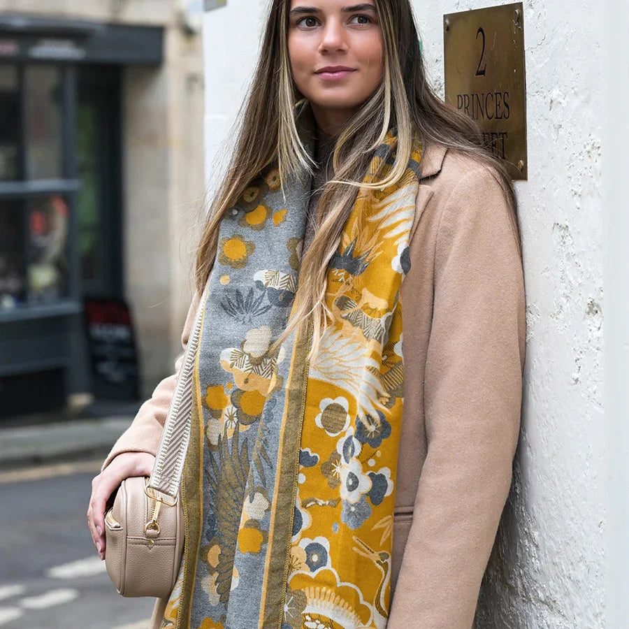 Pom - Mustard Crane & Floral Jacquard Scarf