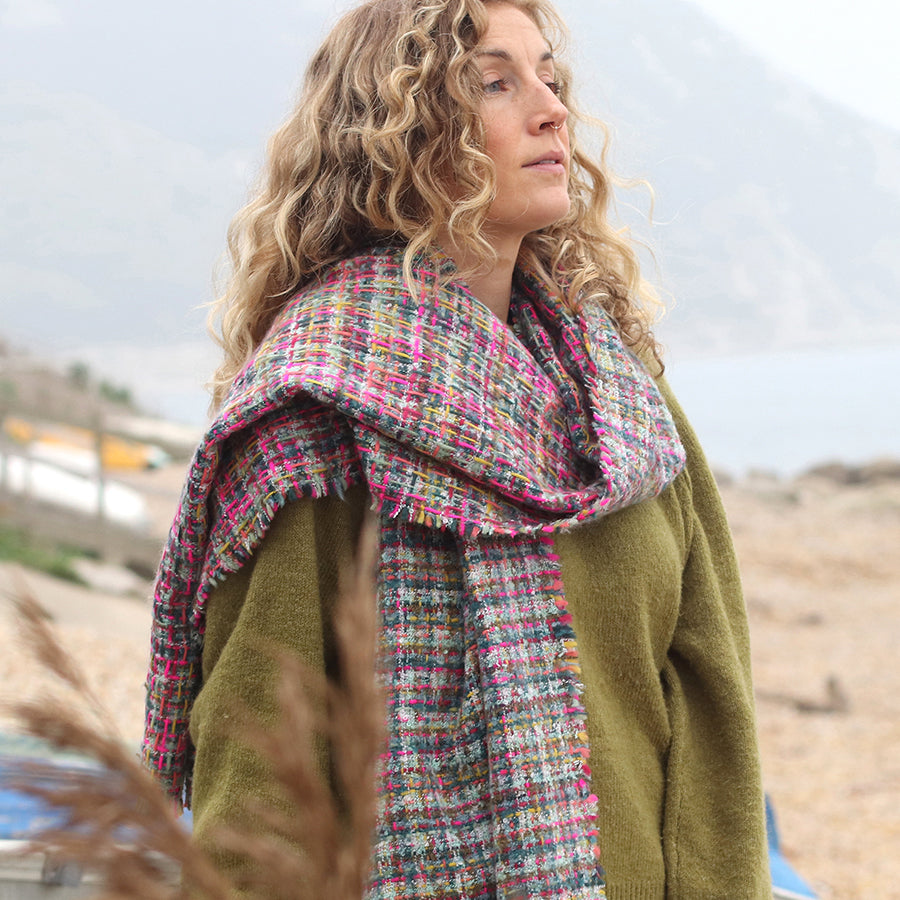 Pom -   Multicolour Mix Multi Woven Textured Winter Scarf
