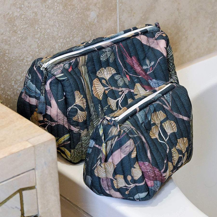 POM - Dusky Navy Bird of Paradise Quilted Toiletry/Make Up Bag - Large