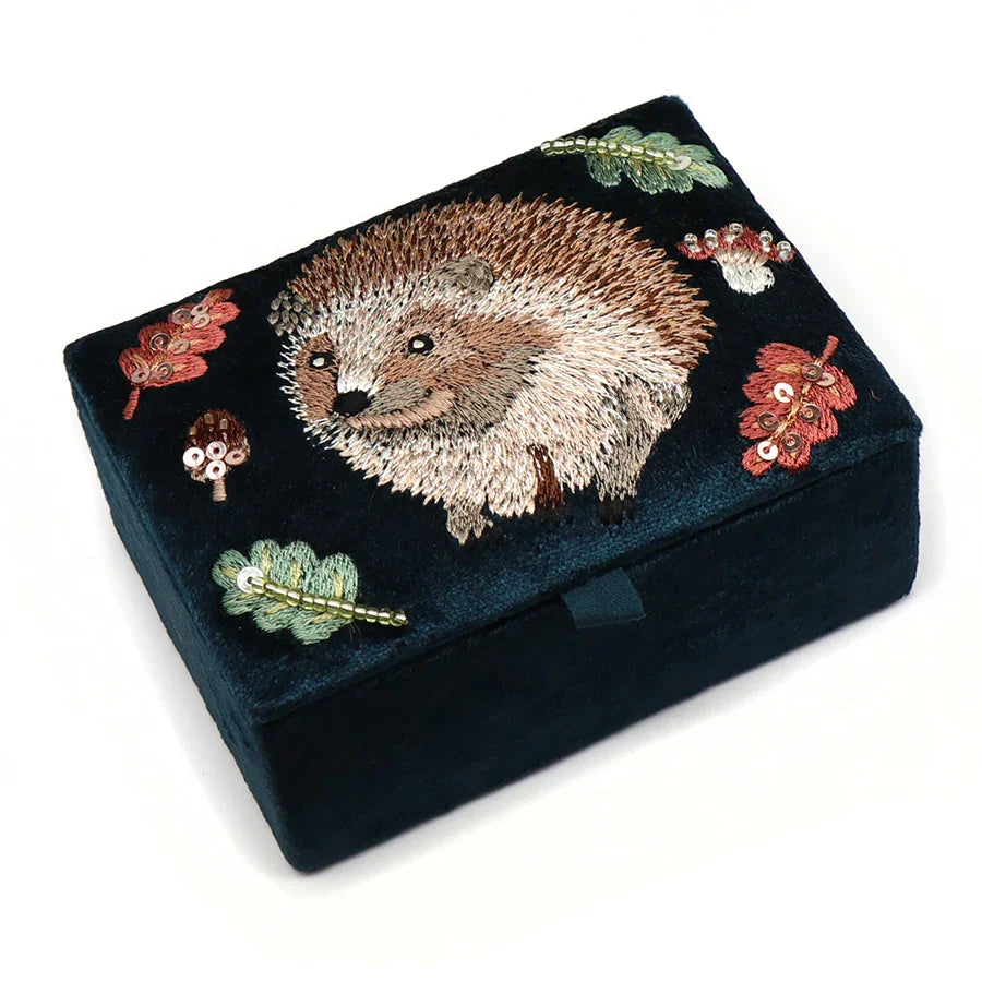 POM - Dark Teal Velvet Hedgehog Embroidered Jewellery Box