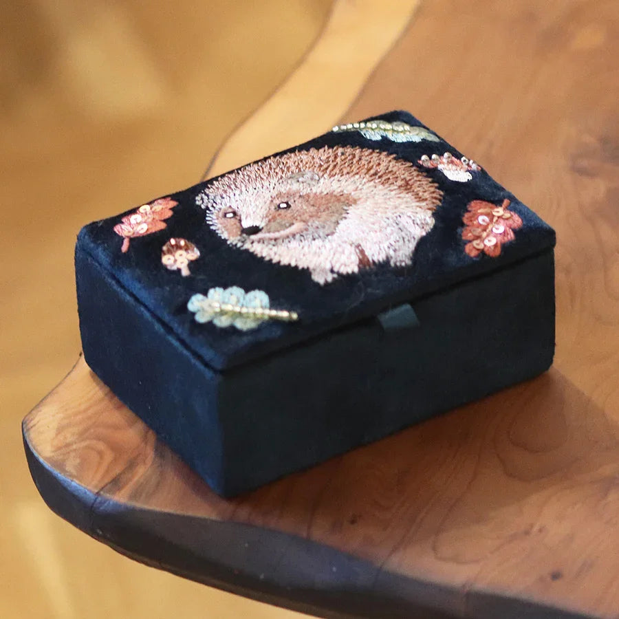 POM - Dark Teal Velvet Hedgehog Embroidered Jewellery Box