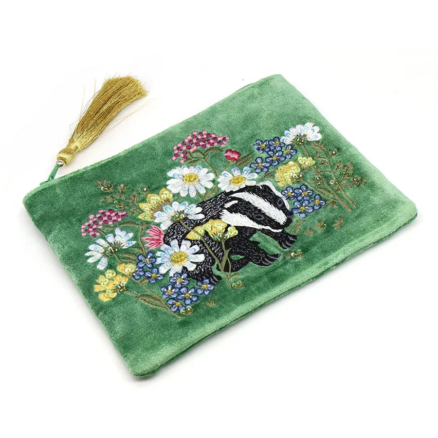 POM - Green Floral & Badger Embroidered Velvet Zip Purse