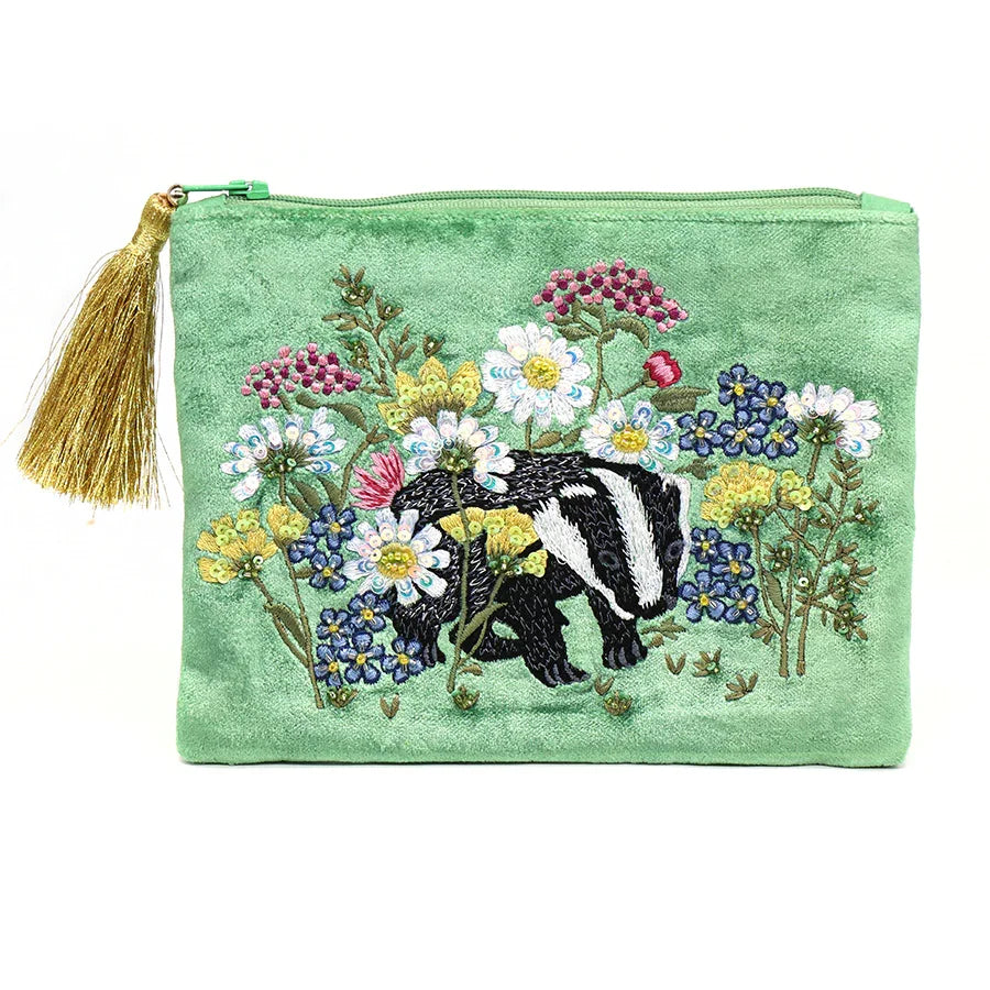 POM - Green Floral & Badger Embroidered Velvet Zip Purse