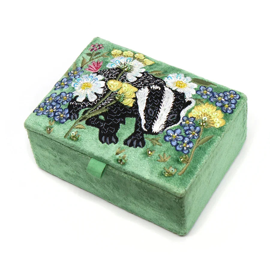 POM - Green Floral & Badger Embroidered Velvet Jewellery Box