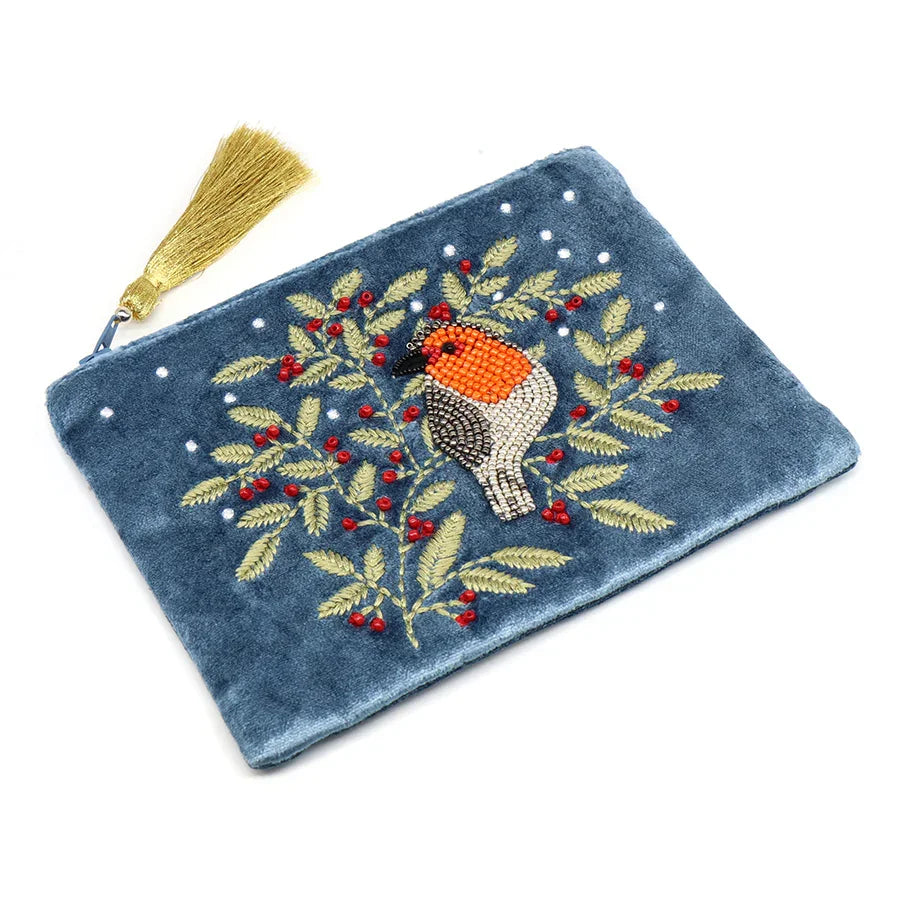 POM - Blue Velvet Robin & Embroidered Holly Zip Purse