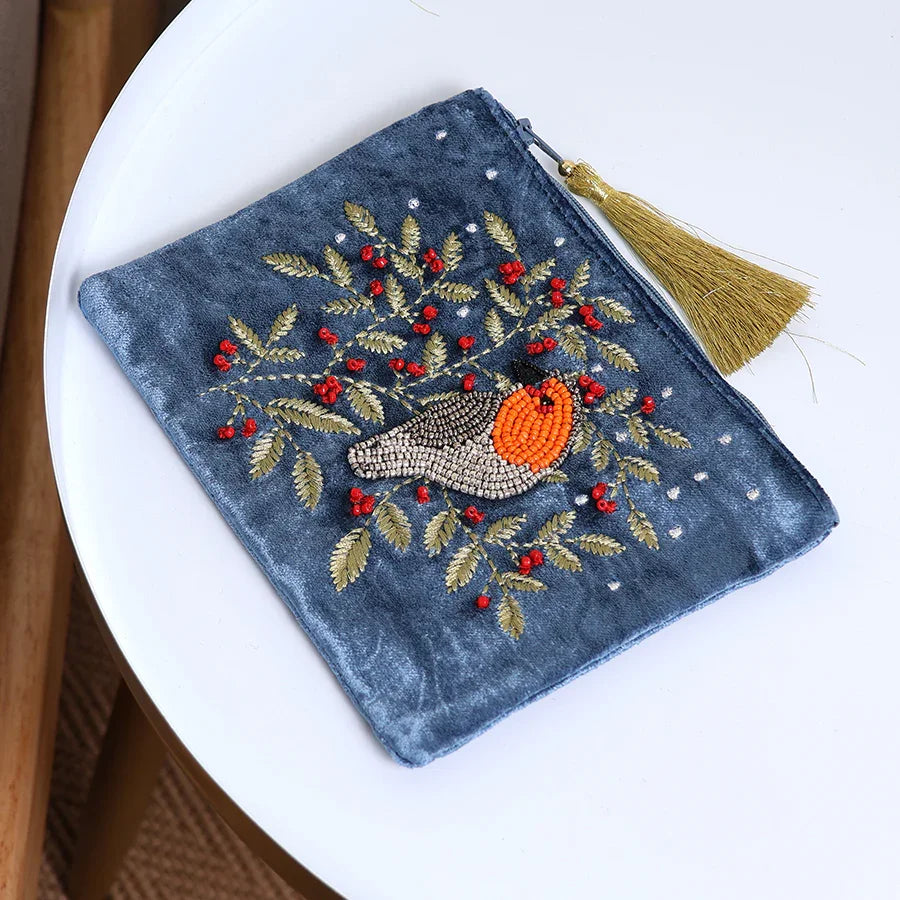 POM - Blue Velvet Robin & Embroidered Holly Zip Purse