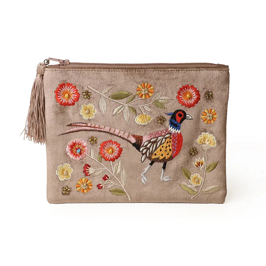 POM - Fawn Embroidered Pheasant Velvet Zip Purse