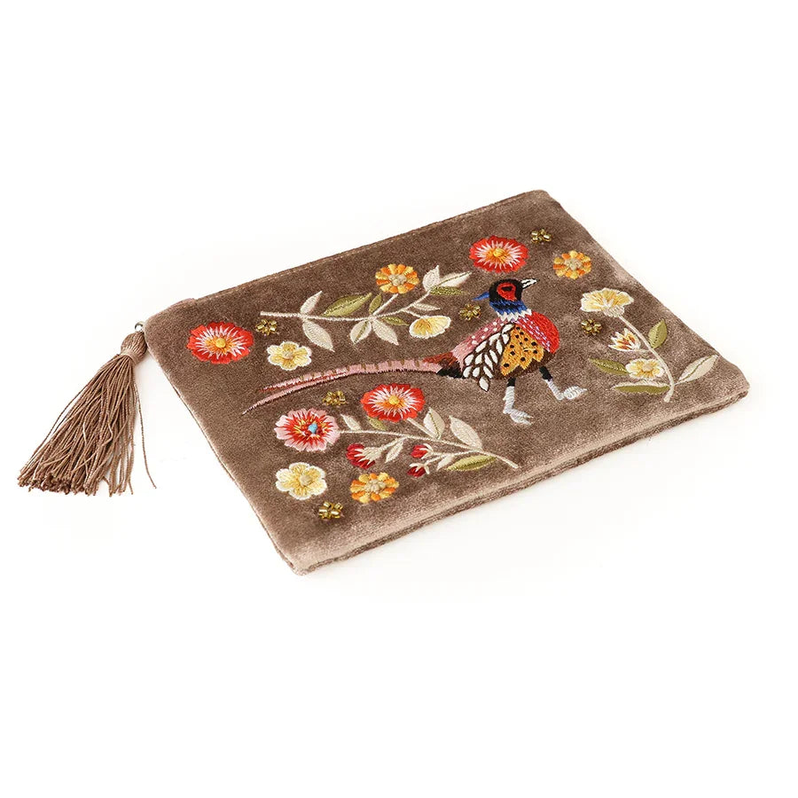 POM - Fawn Embroidered Pheasant Velvet Zip Purse