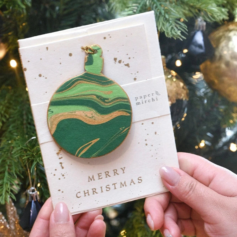 Emerald Bauble Hand Marbled Christmas Decoration Greeting Card
