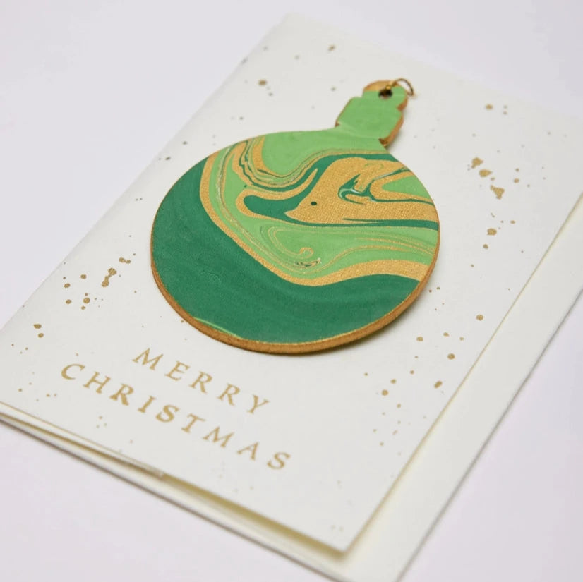 Emerald Bauble Hand Marbled Christmas Decoration Greeting Card