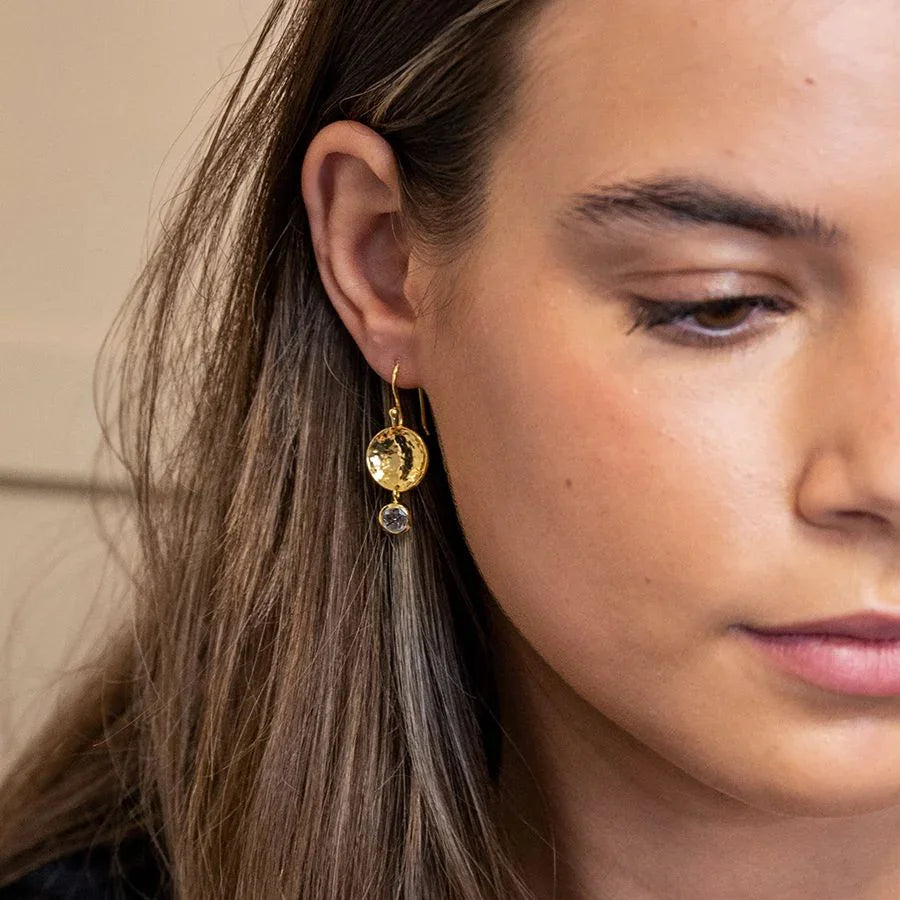 POM - Gold Plated Beaten Disc Earring with Rutile Quartz
