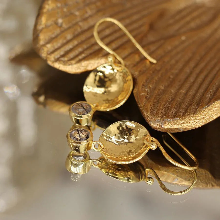 POM - Gold Plated Beaten Disc Earring with Rutile Quartz