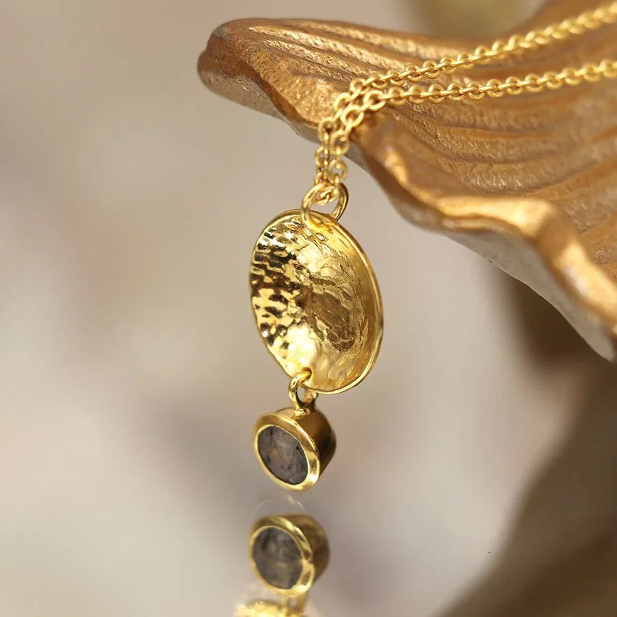 Gold Plated Beaten Disc Necklace with Rutile Quartz