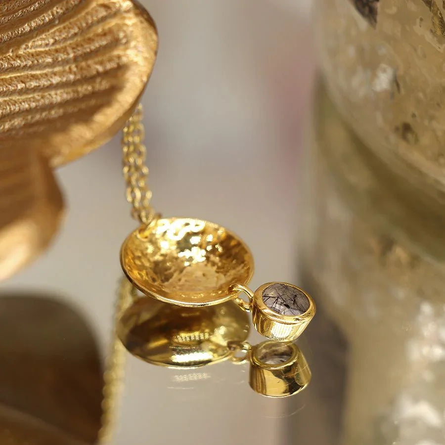 Gold Plated Beaten Disc Necklace with Rutile Quartz