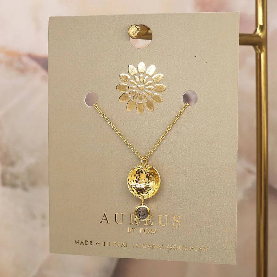 Gold Plated Beaten Disc Necklace with Rutile Quartz