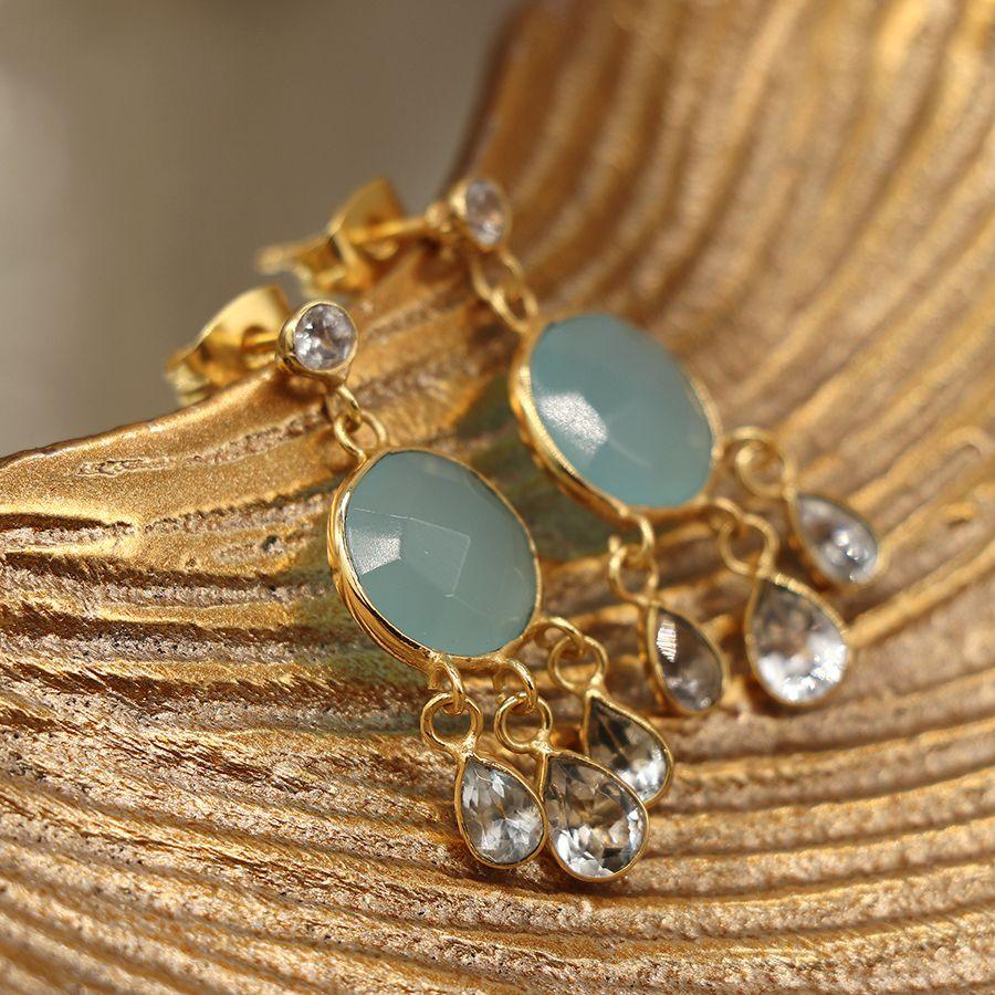 POM - Gold Plated Chalcedony & Blue Topaz Drop Earrings
