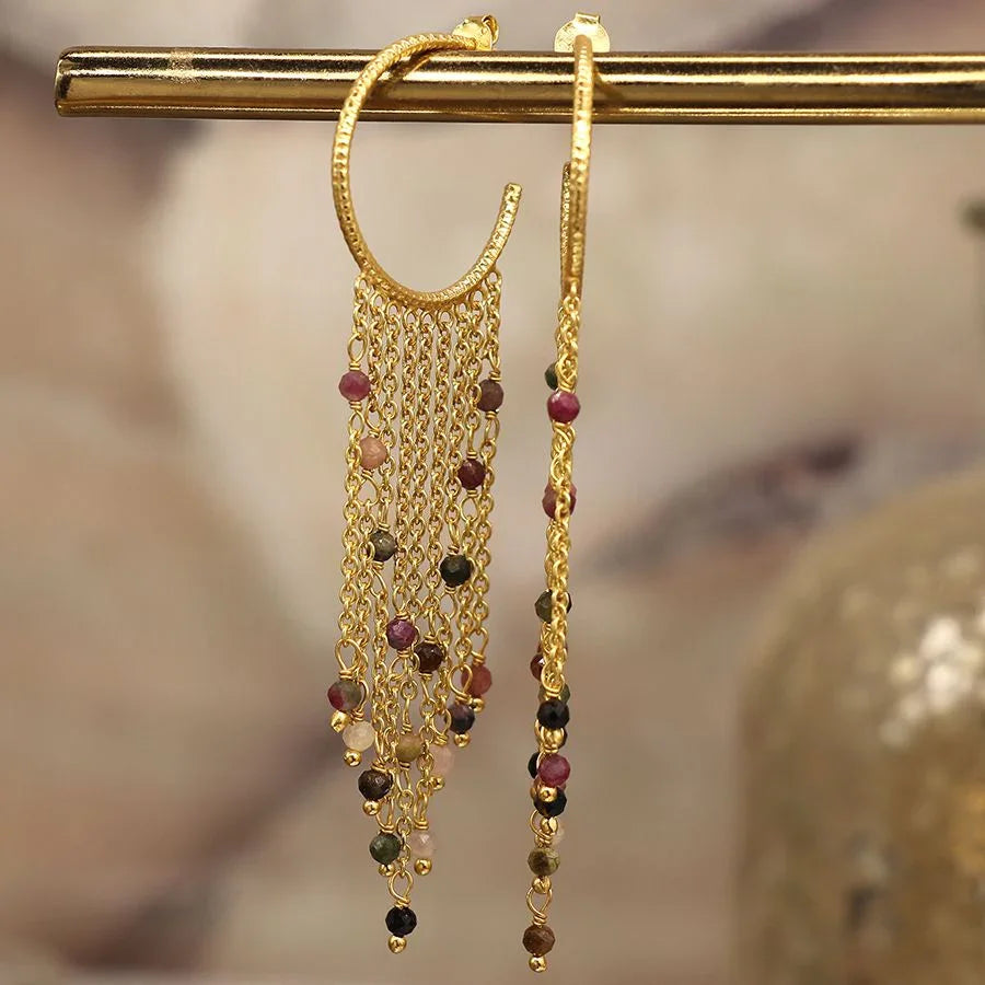 Gold Plated Hoop, Multichain & Tourmaline Earrings