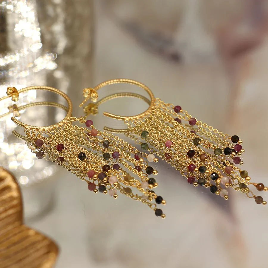 Gold Plated Hoop, Multichain & Tourmaline Earrings
