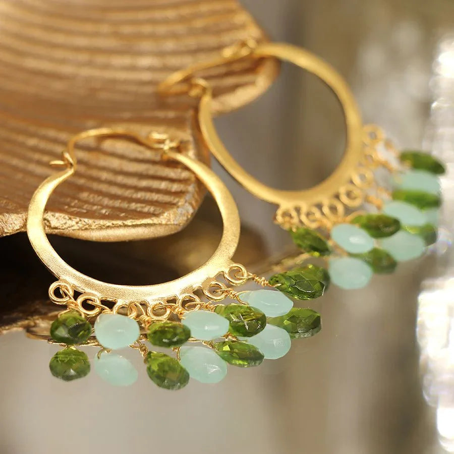 Gold Plated Hoop Earrings with Chalcedony & Peridot Drops