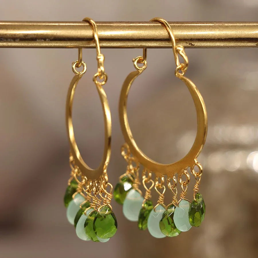 Gold Plated Hoop Earrings with Chalcedony & Peridot Drops