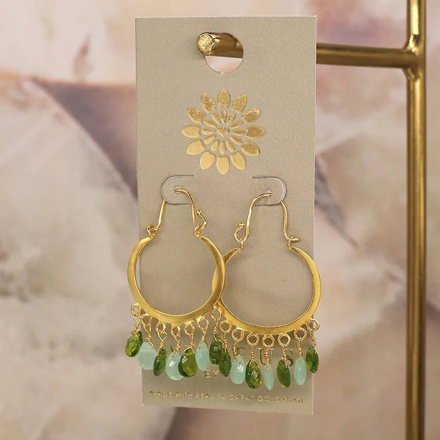 Gold Plated Hoop Earrings with Chalcedony & Peridot Drops